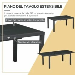 Outsunny Set Da Giardino Con Tavolo Allungabile In Vetro E 6 Sedie Con Seduta Traspirante, Grigio Scuro -Giardino di Lusso 96925708 4