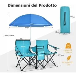 COSTWAY Set Di 2 Sedie Da Campeggio Pieghevoli, Con Ombrellone E Tavolino Contenitore, Resistente E Leggero, Capacità 270 Kg (blu) -Giardino di Lusso 98650926 3