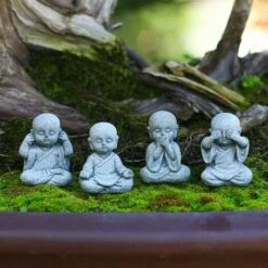 Mini Statua Di Buddha Decorazione Acquario Zen Arenaria Piccolo Monaco Figurine Decor 4 Pezzi,Grigio